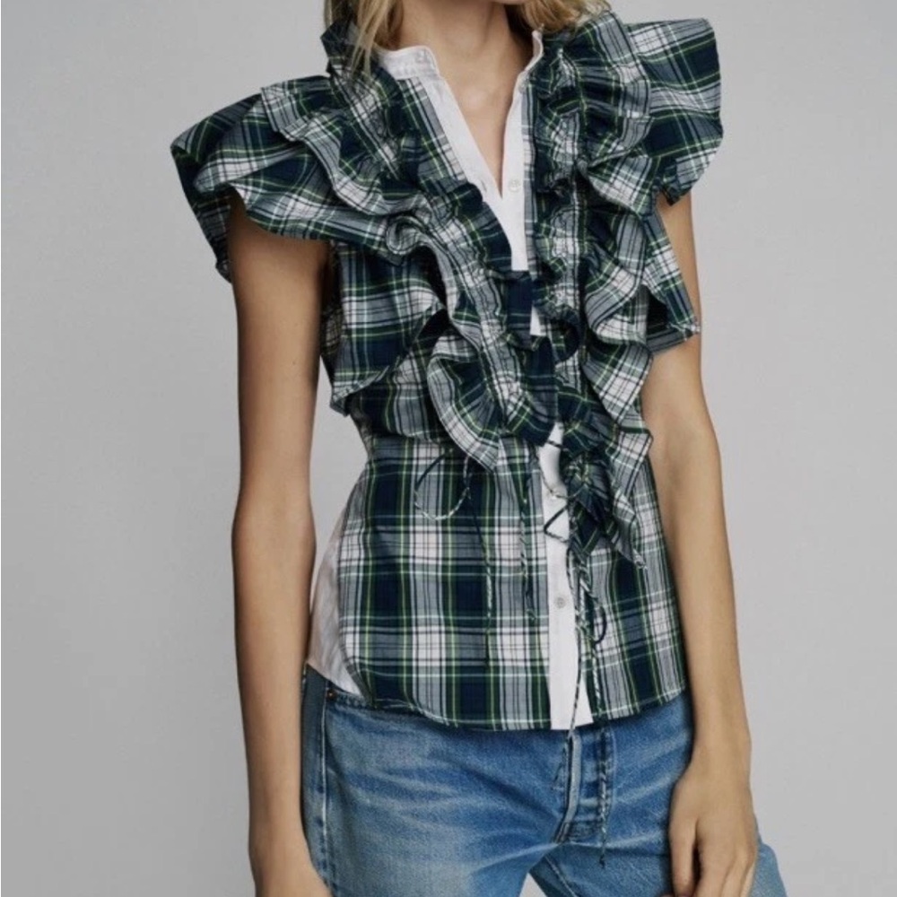 Marissa Webb Green Navy and White Plaid Ruffle Blouse XS